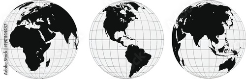 Set of Three World Globe Maps with Black Continents and Latitude Longitude Grid Lines Showing Earth from Different Angles