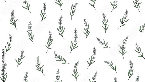 Seamless pattern with delicate lavender flowers and green stems, illustrating a serene floral background, perfect for natural and calm designs.