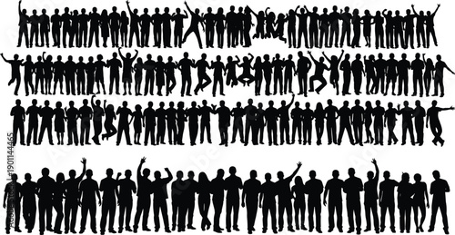 Silhouettes of people in various celebratory poses and actions black white celebration