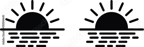 Sunrise Icon, Minimal Line Illustration Featuring Sun Rays and Small Rectangular Blocks