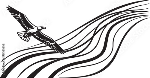 Majestic silhouette of an eagle soaring above flowing lines, abstract vector art on a white background. isolated  white  background