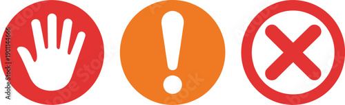 Warning Icon, White Hand and Exclamation Mark Inside Red and Orange Circle Designs
