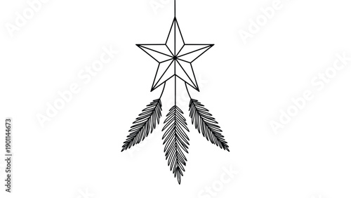 Elegant line art dreamcatcher featuring a prominent star and dangling feathers, symbolizing dreams, protection, and bohemian spirit.