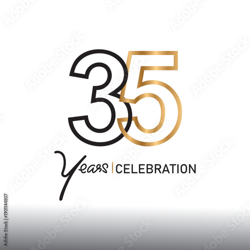 35th anniversary celebration with minimalist line art style. Abstract gold logo design. Vector illustration. Numbers for icons, labels, emblems, seals, tags, signs, symbols, badges, stamps, etc.