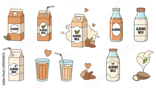 Comprehensive collection of almond milk products including cartons, bottles, glasses with straws, and raw almonds, emphasizing plant-based dairy alternatives.