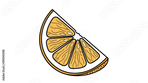 Vibrant line art illustration of an orange segment with its juicy texture and colorful zest, perfect for summer and healthy food designs.