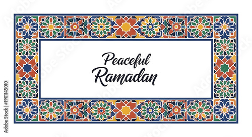 A colorful and peaceful Ramadan greeting card with a floral border design Ramadan