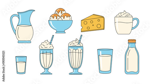 Diverse collection of dairy products including milk in a pitcher and bottle, glasses, ice cream scoops, cheese, and whipped cream, highlighting freshness.