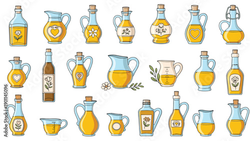 Extensive collection of vegetable oil bottles and pitchers with various decorative labels and designs, emphasizing healthy cooking and natural ingredients.