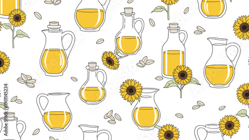 Seamless pattern of sunflower oil bottles and pitchers, interspersed with sunflowers and seeds, depicting natural cooking ingredients and healthy food.