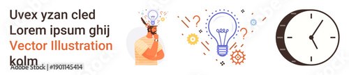 Innovation, decision-making, productivity, brainstorming, time management, problem-solving. Man thinking, light bulb clock illustration. Innovation and decision-making concepts