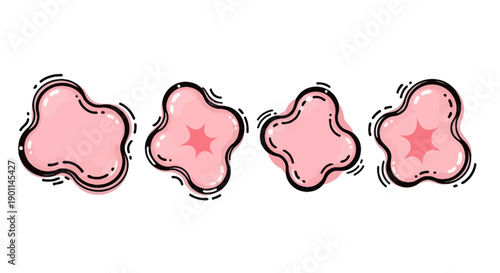 Konstfotografi Four abstract, amorphous pink blobs with a star-shaped center and a black outline, presented in a row