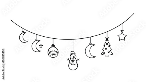 Charming Christmas garland with line art celestial and festive elements, including moons, stars, baubles, a snowman, and a fir tree, creating a whimsical holiday decor.