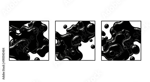 Three abstract panels showcasing dynamic black liquid blobs against a white background, creating a sense of fluid motion and organic shapes.