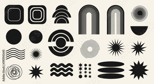 A collection of abstract geometric shapes and patterns in black and white, evoking a retro-futuristic aesthetic.