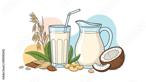 A vibrant illustration showcasing plant-based milk in a pitcher and glass, surrounded by ingredients like coconut, almonds, soybeans, and oats, highlighting vegan options.