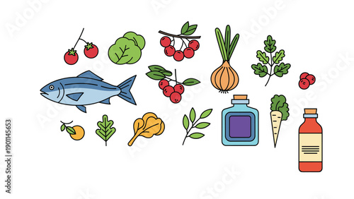 Diverse collection of healthy food items and supplements, including fish, vegetables, berries, onions, and bottles, emphasizing nutrition and wellness.