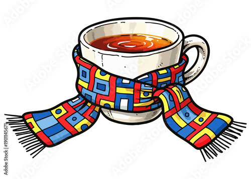 Steeped cup of tea in home comfort. Concept tea lover’s illustration. Vibrant illustration of steaming white mug filled with tea or coffee, wrapped in colorful geometric patterned scarf, isolated 