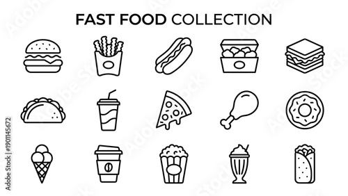 Vector collection of 15 fast food line icons featuring hamburger, french fries, hot dog, chicken nuggets, sandwich, taco, soda, pizza, chicken leg, donut, ice cream, coffee, popcorn, milkshake, and