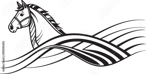 Majestic horse head silhouette with a flowing mane and abstract waves, a conceptual design on white. isolated  white  background