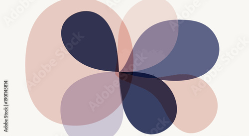 Abstract overlapping petal shapes in soft pink and deep blue hues on a light background.