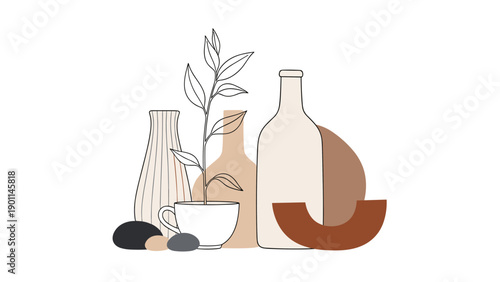 Abstract bohemian still life arrangement featuring line art vases, a potted plant, rocks, and geometric shapes in earthy tones, conveying minimalist decor.