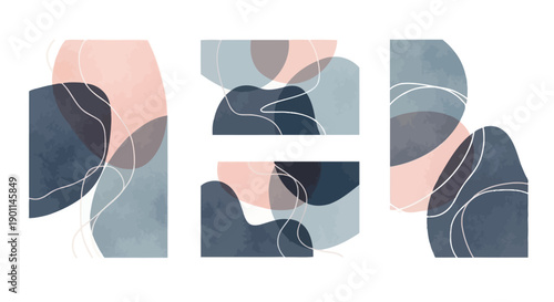 Abstract composition of overlapping organic shapes in muted pastel colors with delicate white lines.