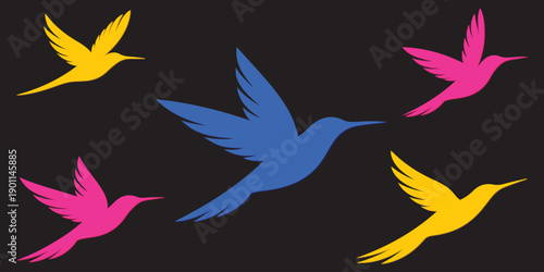 3D Colorful Flying Bird Silhouettes Vector Set Design for T-Shirts Posters Banners and Wall Art.	
