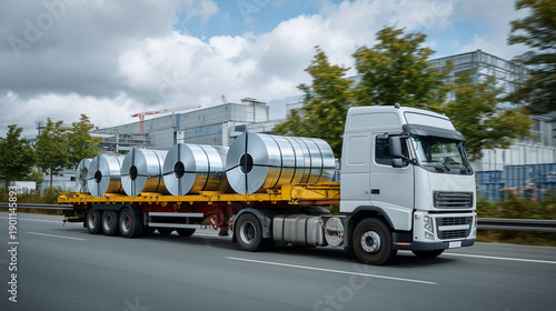 Steel coils stacked on heavy-duty truck trailer, chains securing cylindrical metal cargo, logistics operation in progress, manufacturing supply chain visualization, daylight highwa