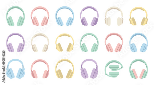 Vector icon set of noise cancelling headphones in flat design with a pastel color palette. Grid layout of unique wireless over-ear headsets for music, gaming, and audio listening equipment icons.