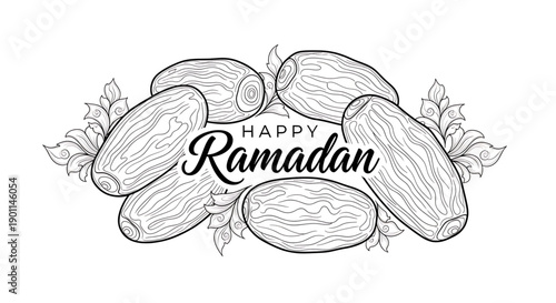 A vector graphic illustration of dates and leaves with Happy Ramadan text Ramadan