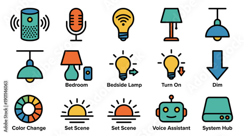 Smart Home Voice Controlled Lighting Icon Set with Bold Outlines. Features Smart Speaker, Microphone, Wi-Fi Bulb, Table Lamp, Pendant Light, Dimmer, Color Wheel, Set Scene, and Voice Assistant Robot.