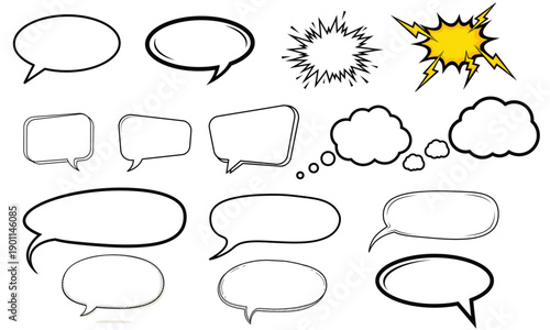 Premium Comic Book Speech Bubbles and Thought Clouds Vector Set – Hand-Drawn Action Shout Bubbles, Conversation Cells, and Manga Dialogue Graphic Elements for Creators