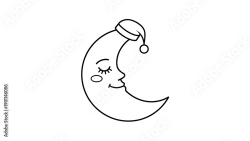 Cute line art illustration of a sleeping crescent moon wearing a nightcap, evoking dreams, peaceful slumber, and a whimsical bedtime theme.