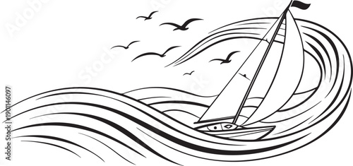 Dynamic nautical illustration of a sailboat on wavy sea with birds, isolated on a white background. isolated  white  background