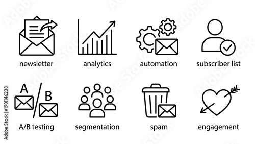 Set of 8 Minimalist Email Marketing Campaign Line Icons Featuring Newsletter, Analytics, Automation, Subscriber List, A/B Testing, Segmentation, Spam, and Engagement for Digital Business Strategy.