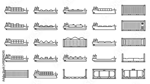 Vector Set of Freight Ship and Shipping Container Line Icons in Minimalist Style. Includes Various Cargo Vessels, Bulk Carriers, Tankers, and Shipping Containers for Maritime Logistics and Transport.