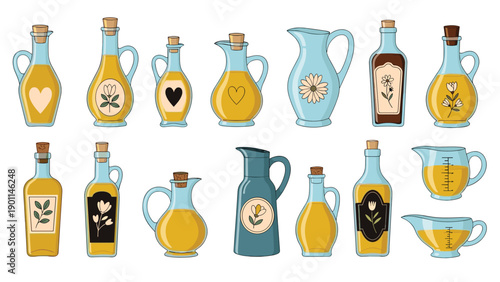 Extensive collection of cooking oil bottles and pitchers with various decorative labels and designs, emphasizing healthy kitchen essentials and natural ingredients.