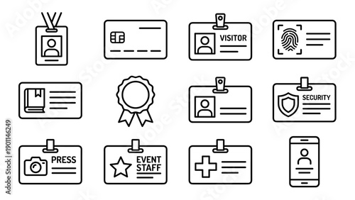 Vector Set of Identity Card and Badge Line Icons in Minimalist Style Featuring Visitor Pass, Security ID, Press Card, Event Staff Badge, Medical ID, Biometric Fingerprint, and Mobile Identification