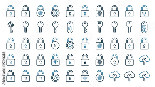 Minimalist Vector Icon Set of Padlocks and Keys for Security, Privacy, and Data Protection. Features Diverse Designs like Fingerprint, Combination, Wi-Fi, and Cloud Access on White Background.