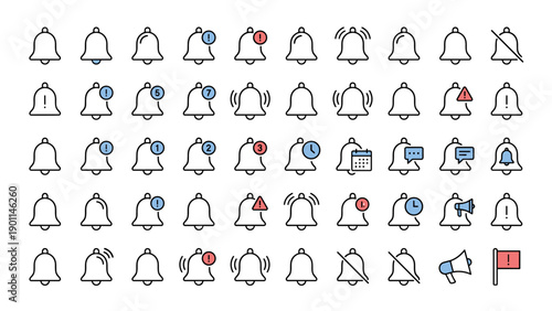 Minimalist vector set of notification bell and alert line icons. Comprehensive collection featuring ringing, silent, muted, message, calendar, and warning symbols for UI/UX design and mobile apps.