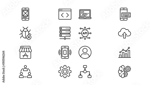 Vector Set of Mobile App Development and Software Coding Line Icons in Minimalist Style; Includes Icons for API, Cloud, Server, Debugging, User Interface, AI, and Data Analytics on White Background