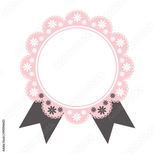 Flower pink and black round lace frame with ribbon, tag, label