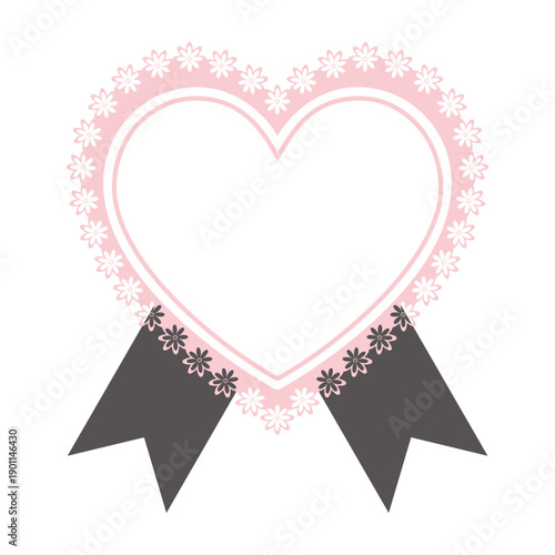 Flower pink and black heart lace frame with ribbon, tag, label