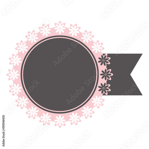 Flower pink and black round lace frame with ribbon, tag, label