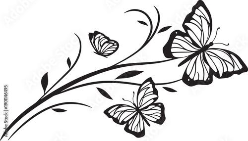 Three Delicate Butterflies Fluttering on a Leafy Branch, Beautiful Floral Vector Art isolated  white  background