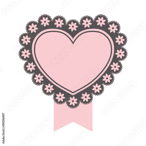 Flower pink and black heart lace frame with ribbon, tag, label