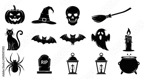 Halloween Icons Pumpkin, Witch Hat, Skull, Broom, Cat, Bat, Ghost, Candle, Spider, Tombstone, Lantern, and Cauldron