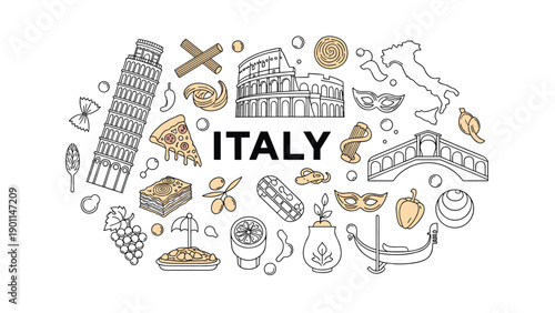 Comprehensive collage of iconic Italian travel and cultural elements, including the Leaning Tower of Pisa, Colosseum, pasta, pizza, and Venice, encapsulating its rich heritage.