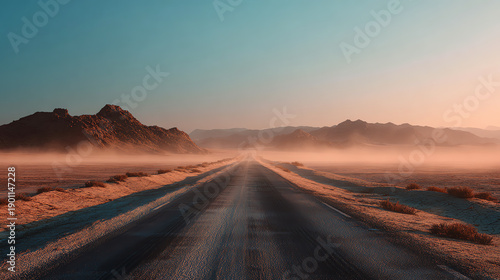 A serene road stretches into the horizon, surrounded by soft mist and rugged mountains under a pastel sky. Perfect for travel themes.